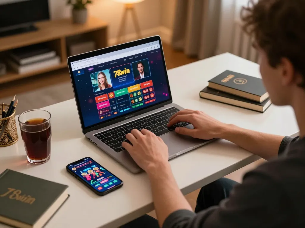 Player engaged in online gaming on 78win platform, showcasing modern setup and strategic gameplay