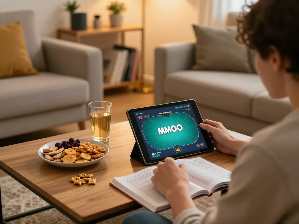 Player engaging in online poker with MMOO on a tablet in a cozy living room