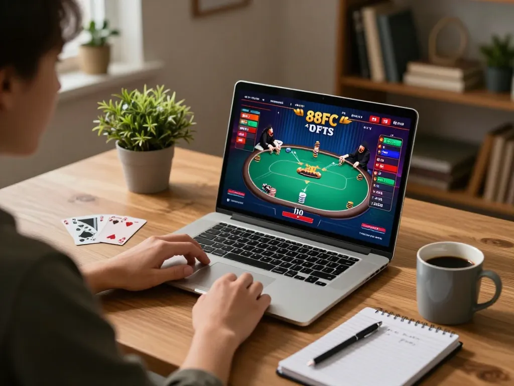 Engaging in 88FC online poker game at home with strategic notes and warm ambiance