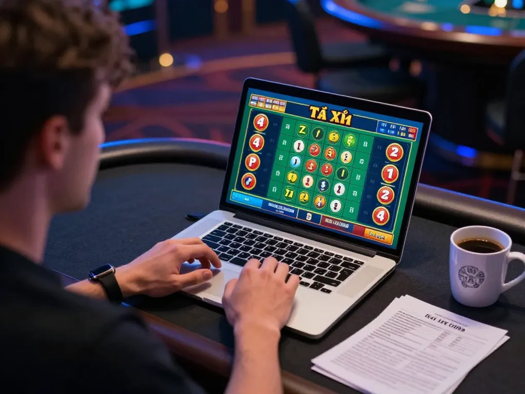 Tài Xỉu gameplay showing a player engaged on a laptop with colorful game interface and personal strategy notes.