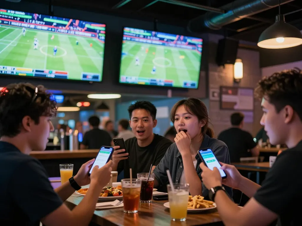Engaged individuals reviewing ty le keo nha cai on mobile devices while watching sports, creating a lively entertainment atmosphere.
