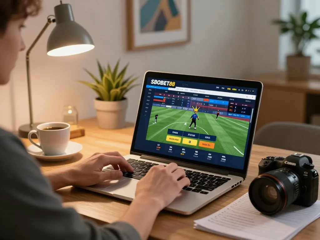 Antarmuka sportsbook SBOBET88 saat seorang pemain bersiap untuk memasang taruhan di ruang kerja rumah yang nyaman.
