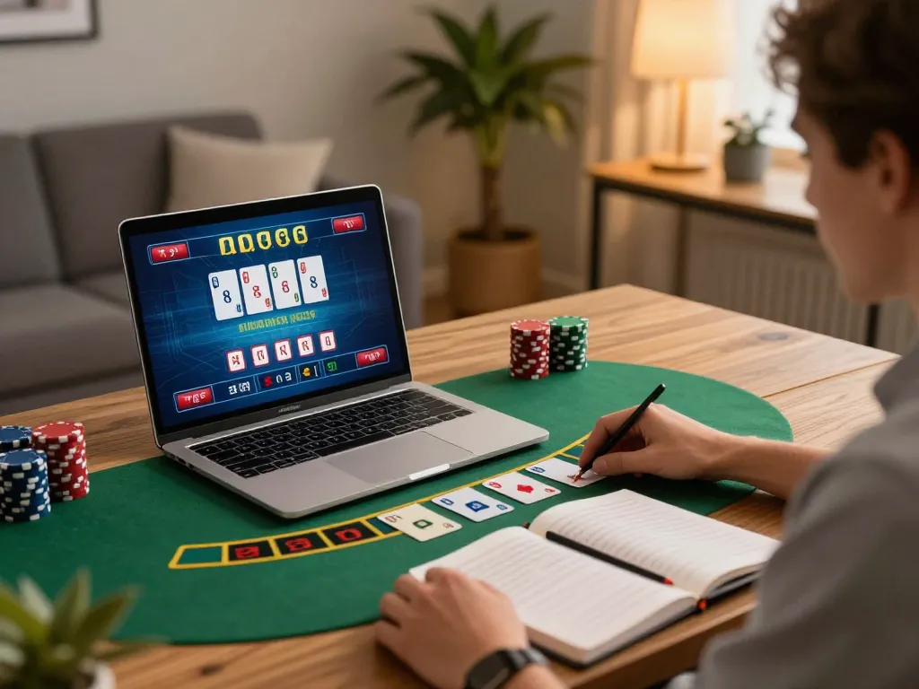 Player engaging in live dealer blackjack on sin88, showcasing strategic gameplay in a stylish home office.