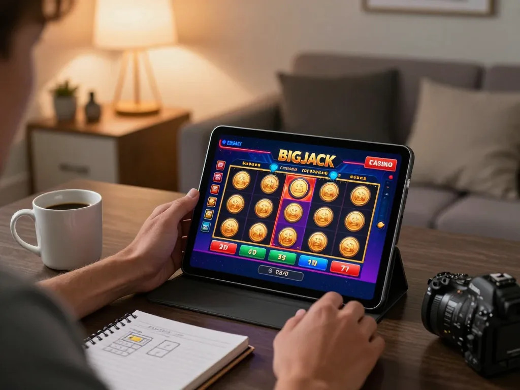 Engaging gameplay at BigJack Casino on a tablet in a cozy home setup, highlighting responsible gaming.