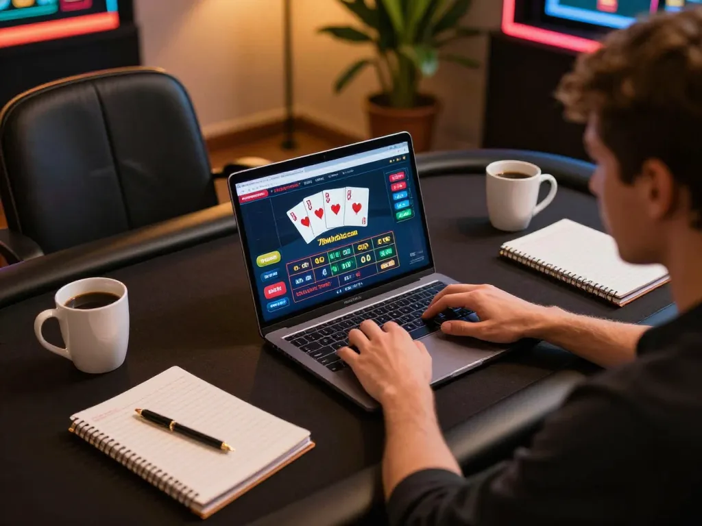 A person engaging in online poker at 78winbizcom, showcasing a dynamic gaming atmosphere with strategy materials nearby.