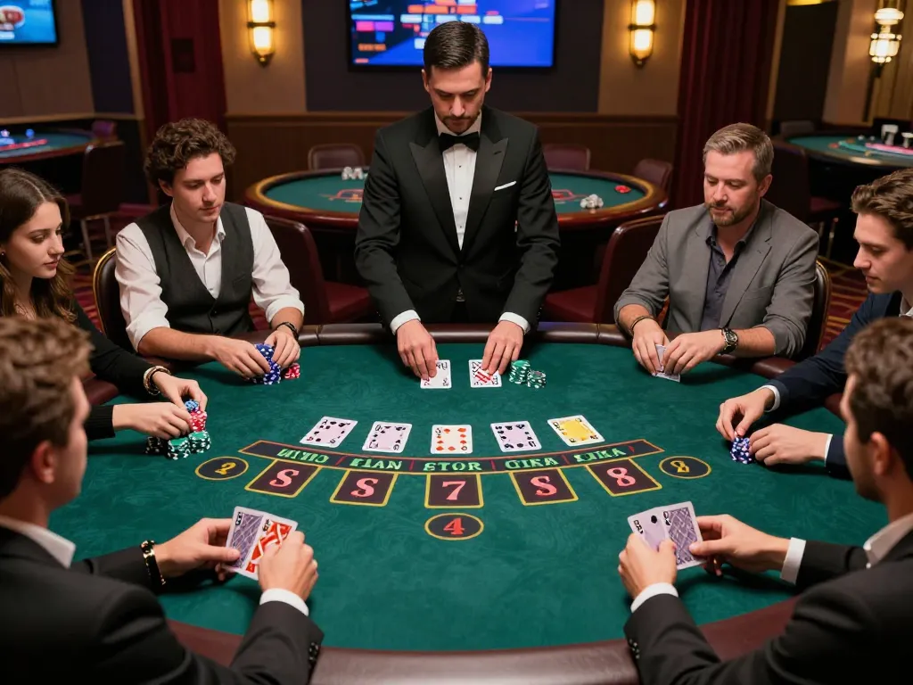 Hit club blackjack game in progress, with players focused on their hands and dealer managing bets.
