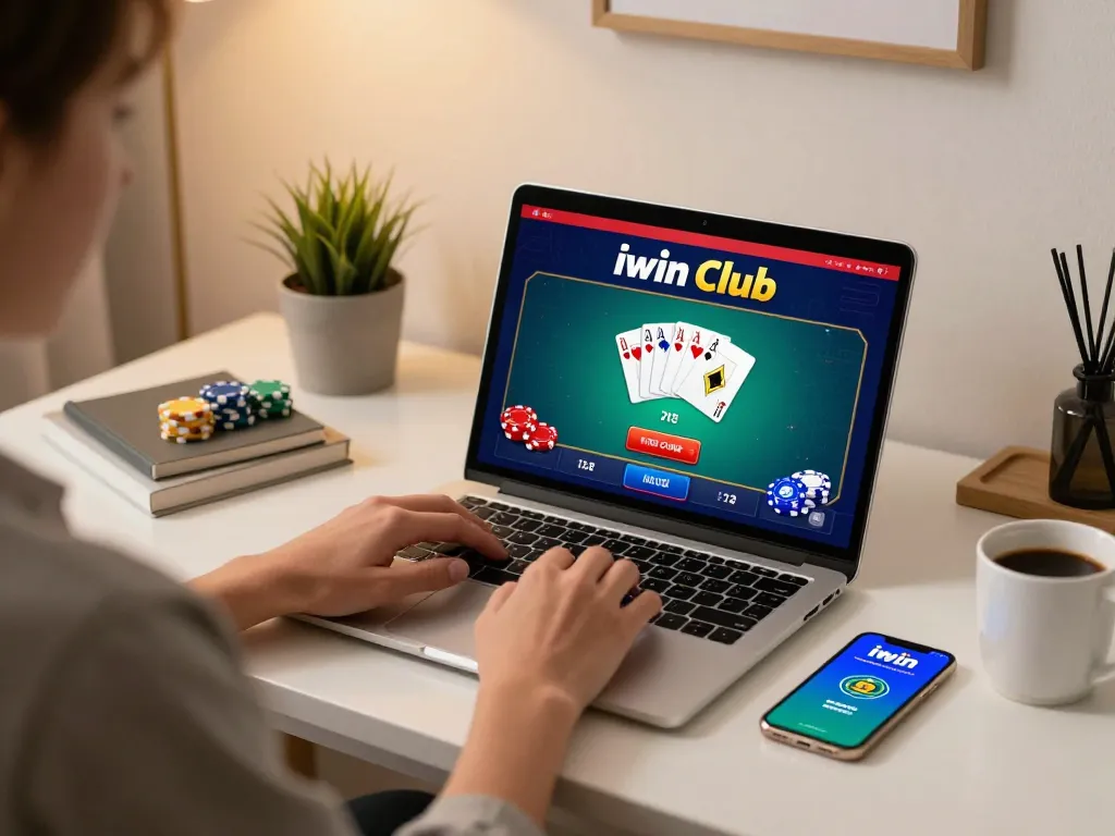 Engaging scene of a player using the iwin club app on a laptop at home, showcasing online gaming.