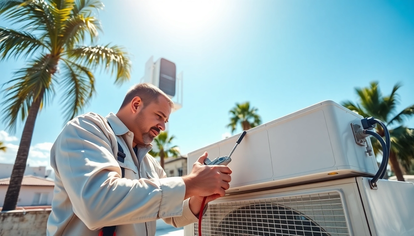 Air Conditioning Repair Tampa expert inspecting AC unit on rooftop in sunny weather.