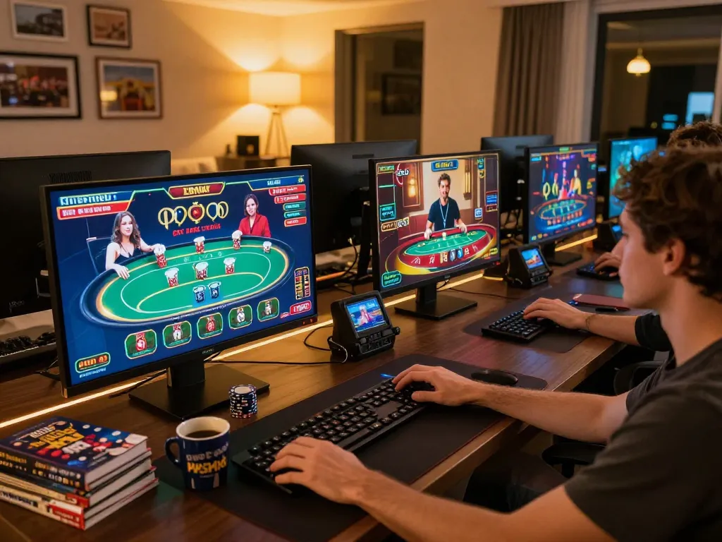 Engaged player exploring TR88 online gaming strategy at home with multiple screens.