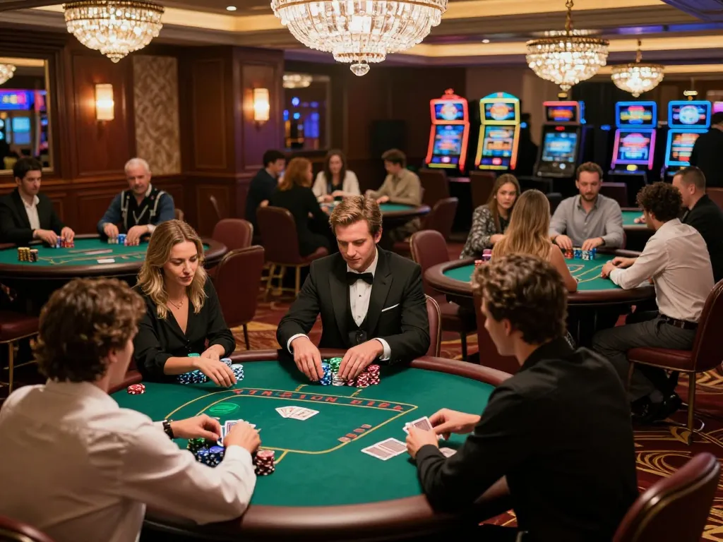 Players enjoying a high-stakes poker game at QQ88 movie casino, showcasing dynamic gameplay and strategic interactions