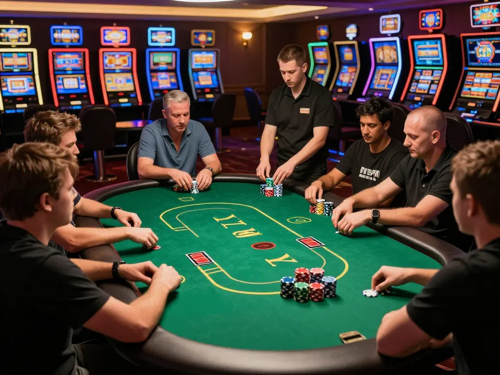 Players strategizing at a poker table with colorful chips during a 78win casino game night.