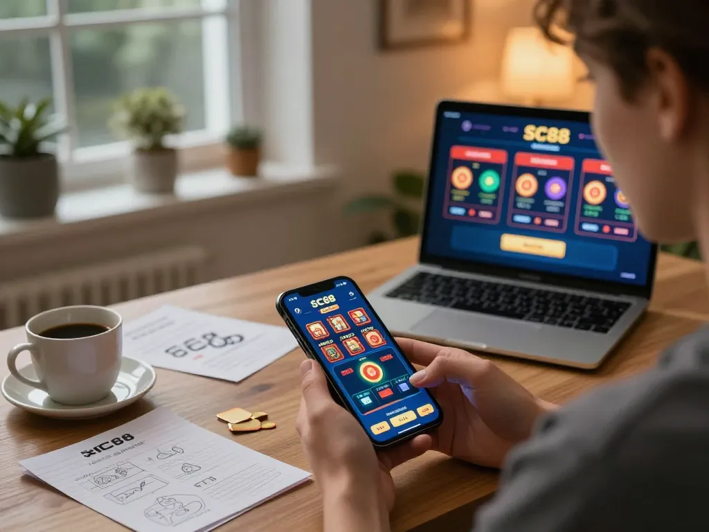 SC88 mobile app displayed on smartphone while placing bets in a cozy home gambling setup