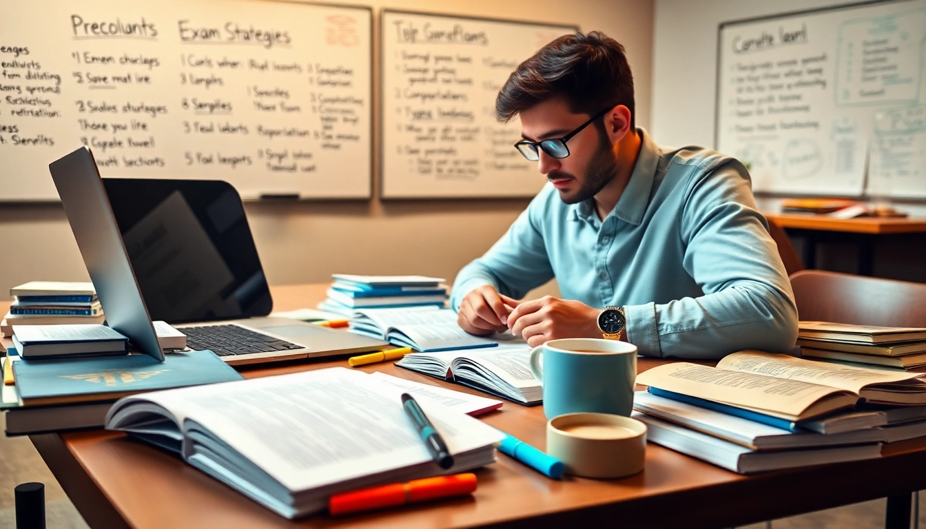 Cisco exam assistance resources on a study desk with books and a laptop.