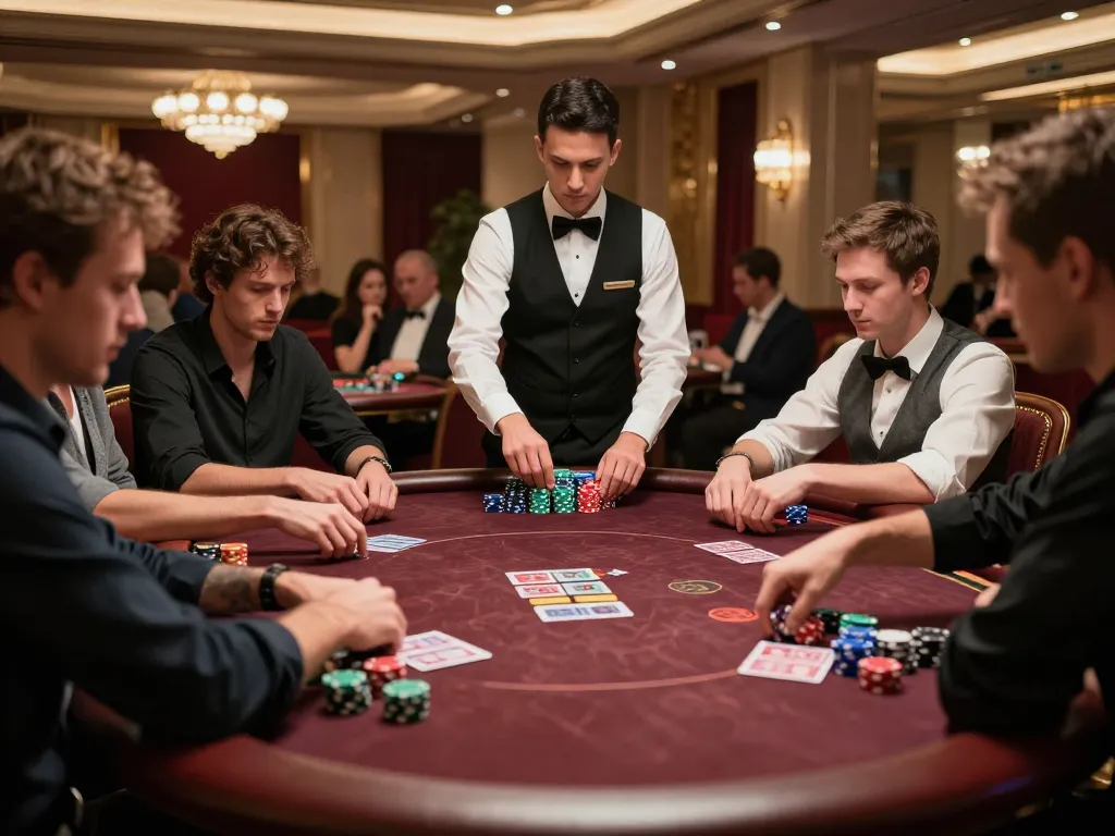 Players strategizing at a Sunwin poker table in an upscale casino, capturing the essence of competitive gameplay.