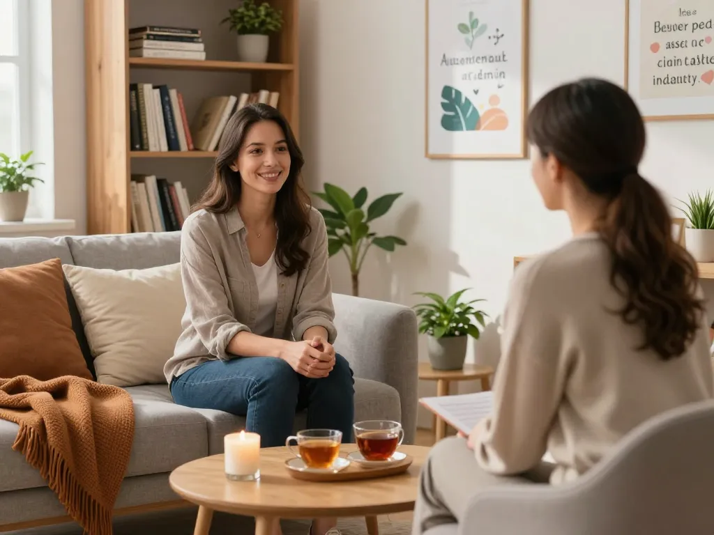 Therapy room for discussing 抑鬱症症狀 with a comforting atmosphere featuring a professional and patient interaction.