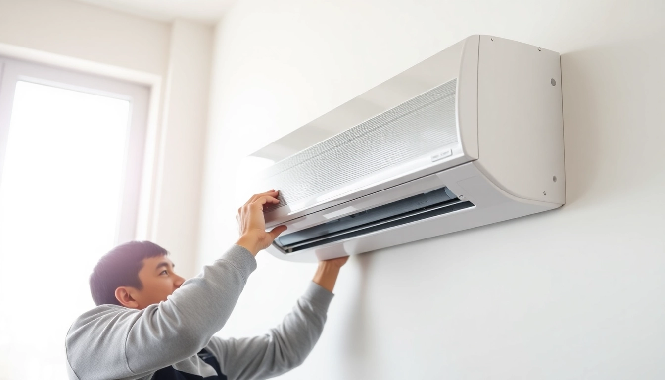 Install a Mitsubishi mini split AC in a modern home with a technician aligning the unit.