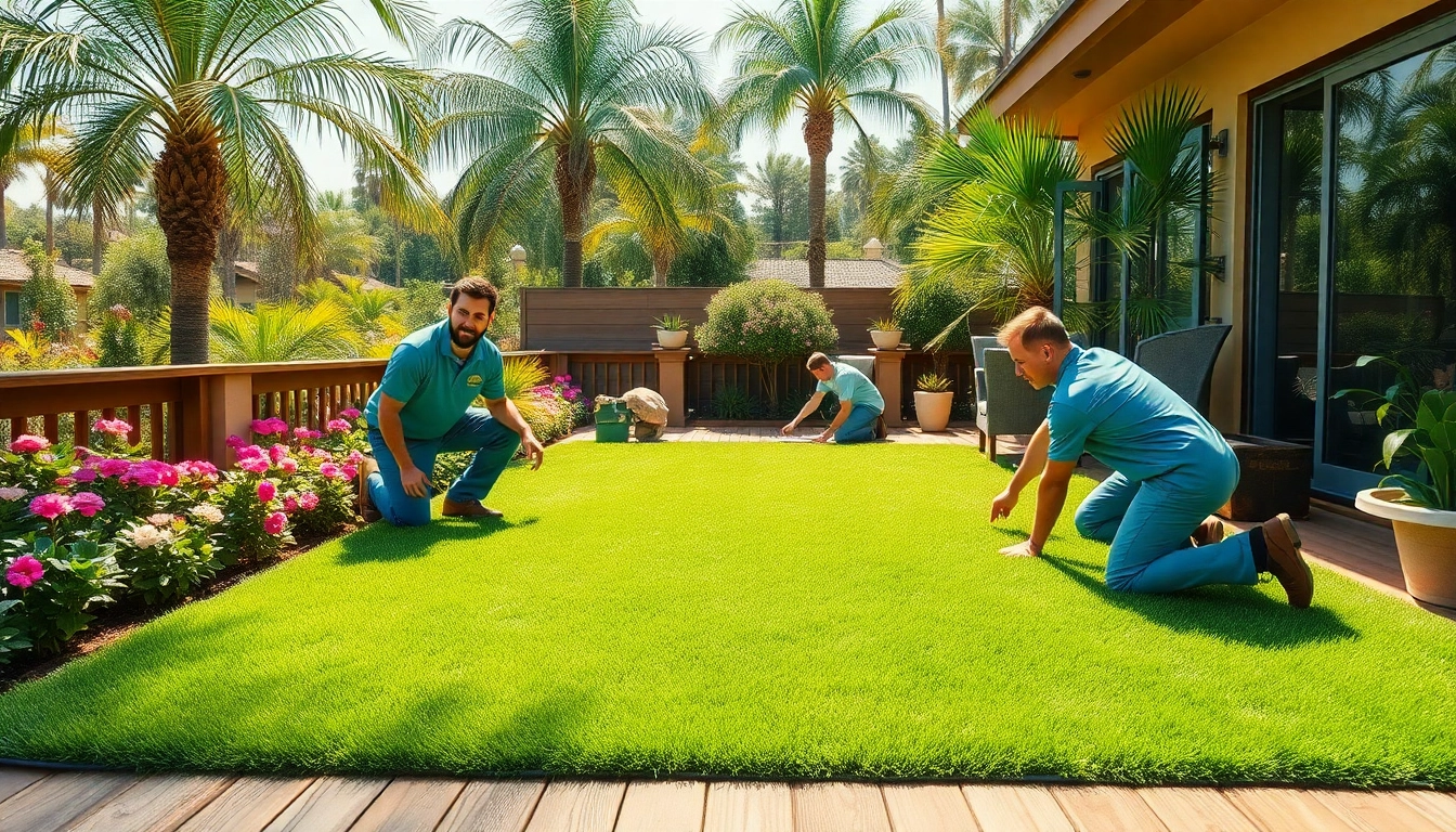 Professional team performing artificial turf installation Bay Area in a sunlit backyard.