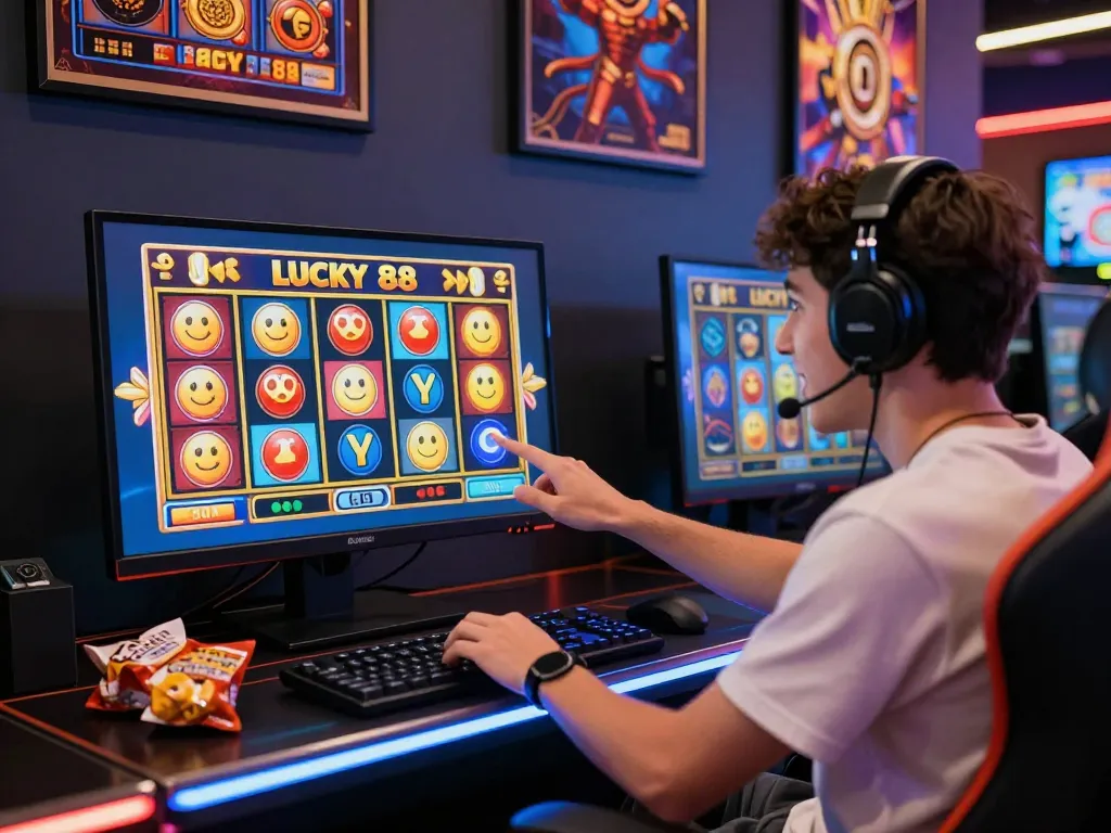 Excited player enjoying the Lucky 88 slot game in a vibrant online casino setting with colorful graphics.