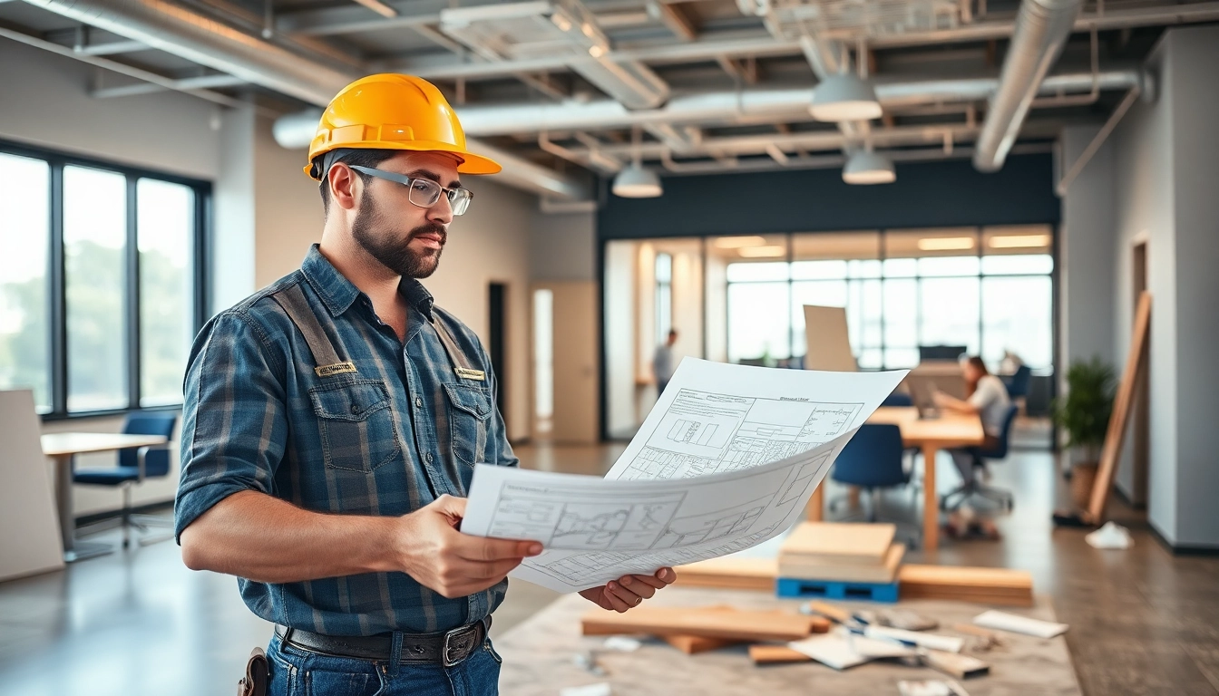 Engaged Austin commercial remodeling contractor reviewing plans in a bright modern office.