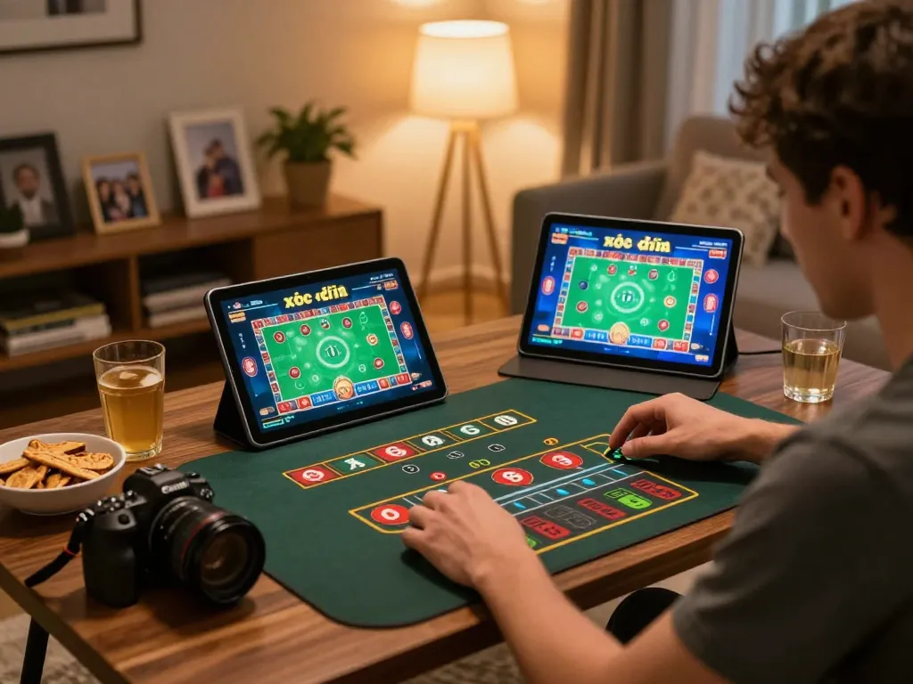 xóc đĩa online gameplay on a tablet in a cozy home setting with snacks and warm lighting.