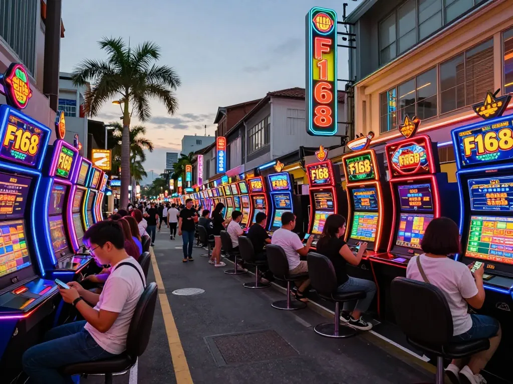 Engaged players enjoying the F168 online casino experience on smartphones in vibrant urban setting.