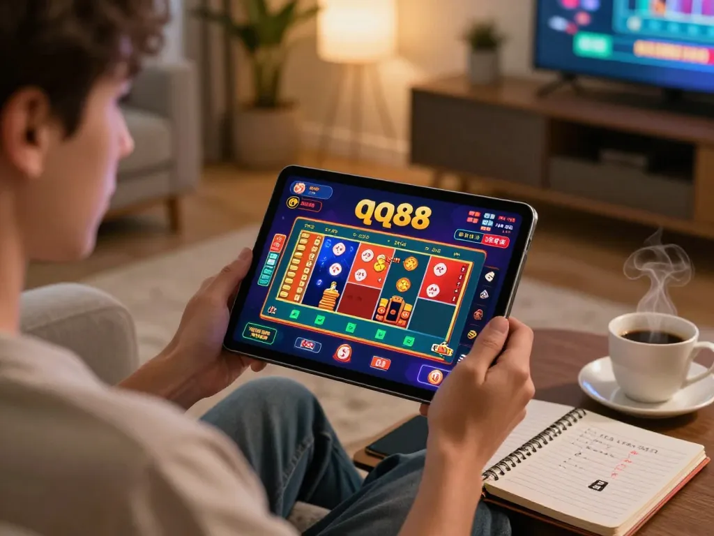 Engaged player strategizing on the qq88 casino app while enjoying a cozy home environment.