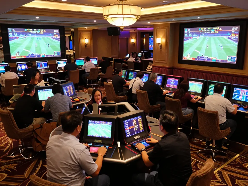 Betting enthusiasts analyze kèo nhà cái in a vibrant sports betting lounge