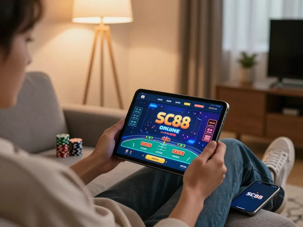 Engaging with SC88 online casino while relaxing at home using a tablet for gaming.