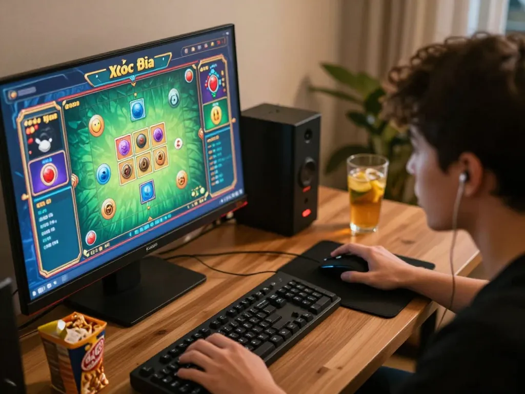 Xóc đĩa online gameplay on a computer screen with engaging graphics and gambling accessories.