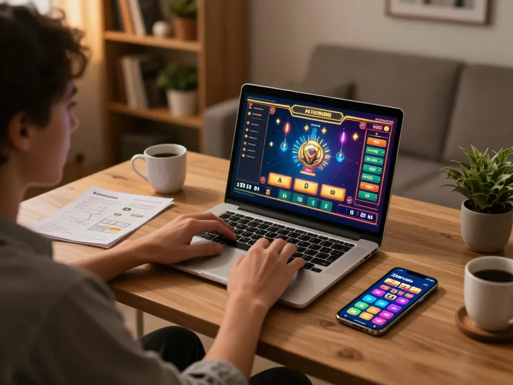 33win user engaged in online casino gaming, showcasing vibrant graphics on laptop.
