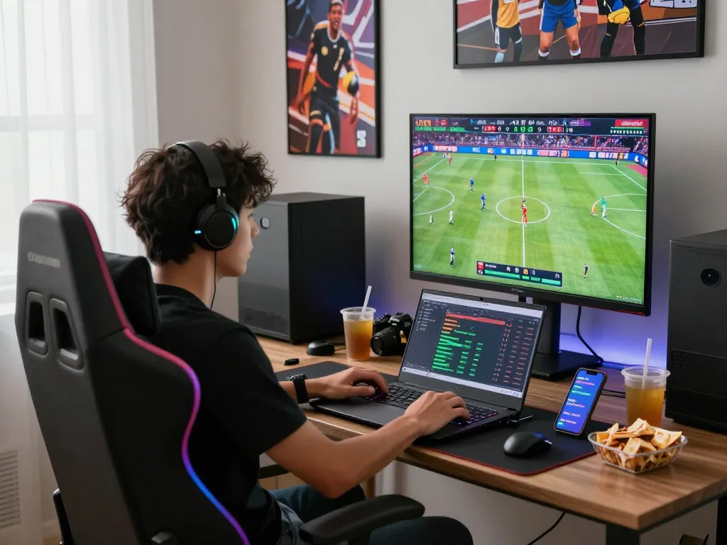 Engaged gamer using debet platform in vibrant home office.