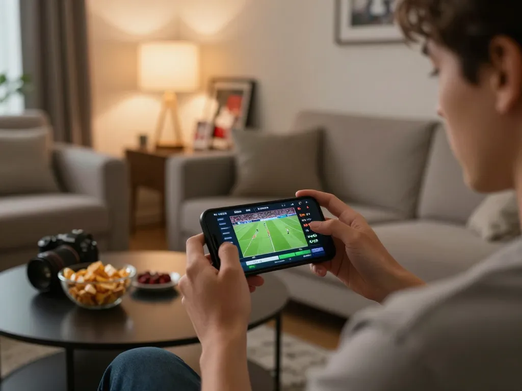 SOCOLIVE user analyzing live betting odds for football matches on a smartphone in a cozy living room
