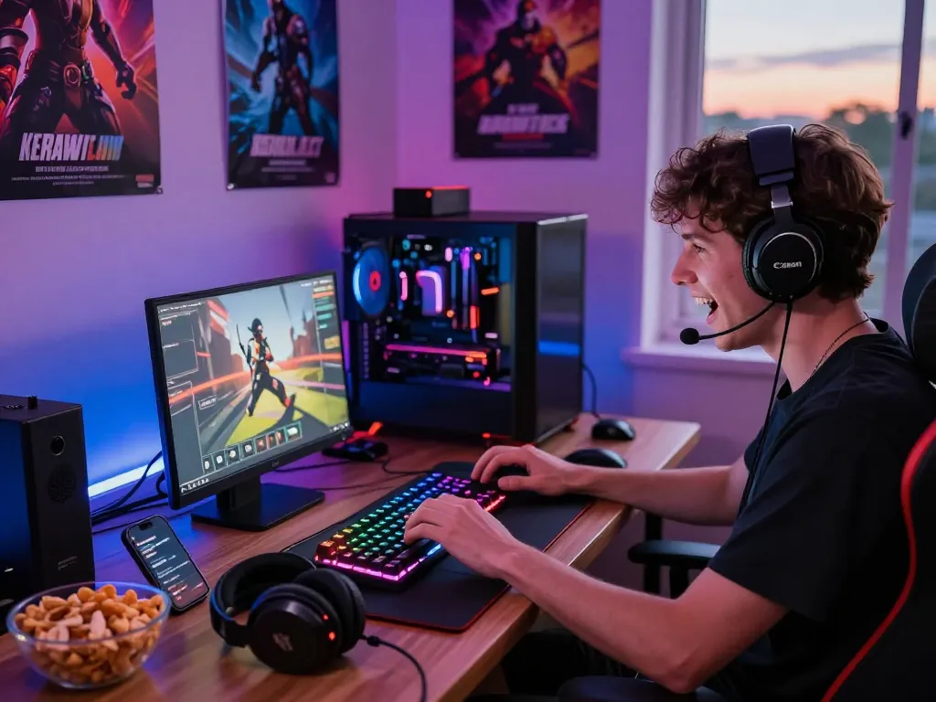 Engaged gamer playing on laptop at home with five88 gaming elements.