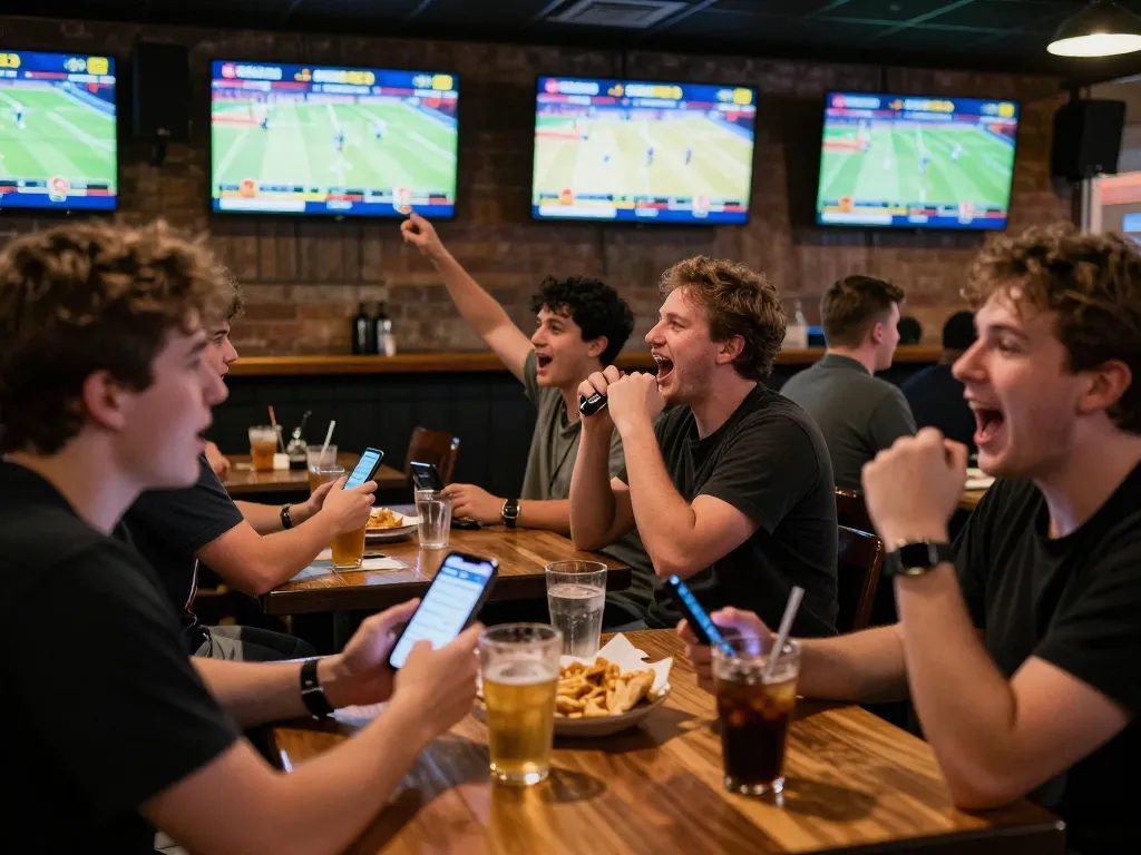Fans placing bets at 88CLUB while enjoying live sports on screens, capturing the excitement.