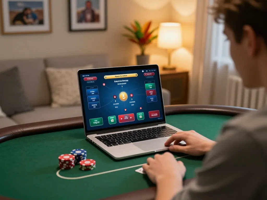 Player enjoying an engaging poker game online with CM88 platform in a cozy home environment