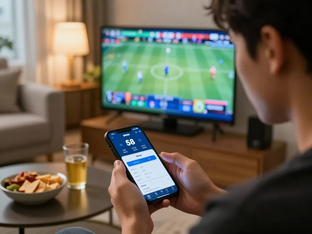Person engaged in sports betting using 58Win app while enjoying a cozy home setting.