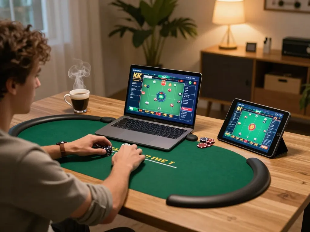 Play poker strategically at home with xx88 using a laptop in a cozy setup