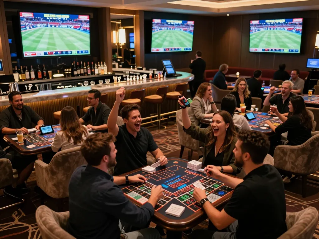 uk88 sports betting lounge with patrons cheering for events and engaging with betting slips