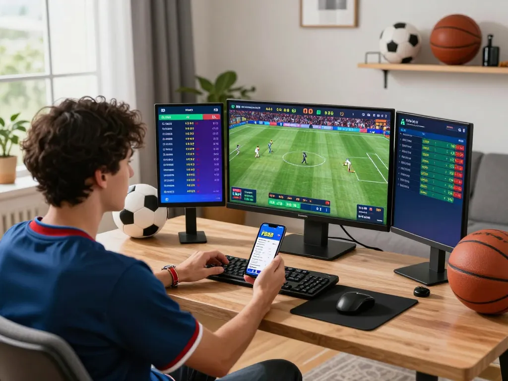 Enthusiastic bettor using the FB88 app in a modern home setup, surrounded by sports memorabilia and live betting screens.