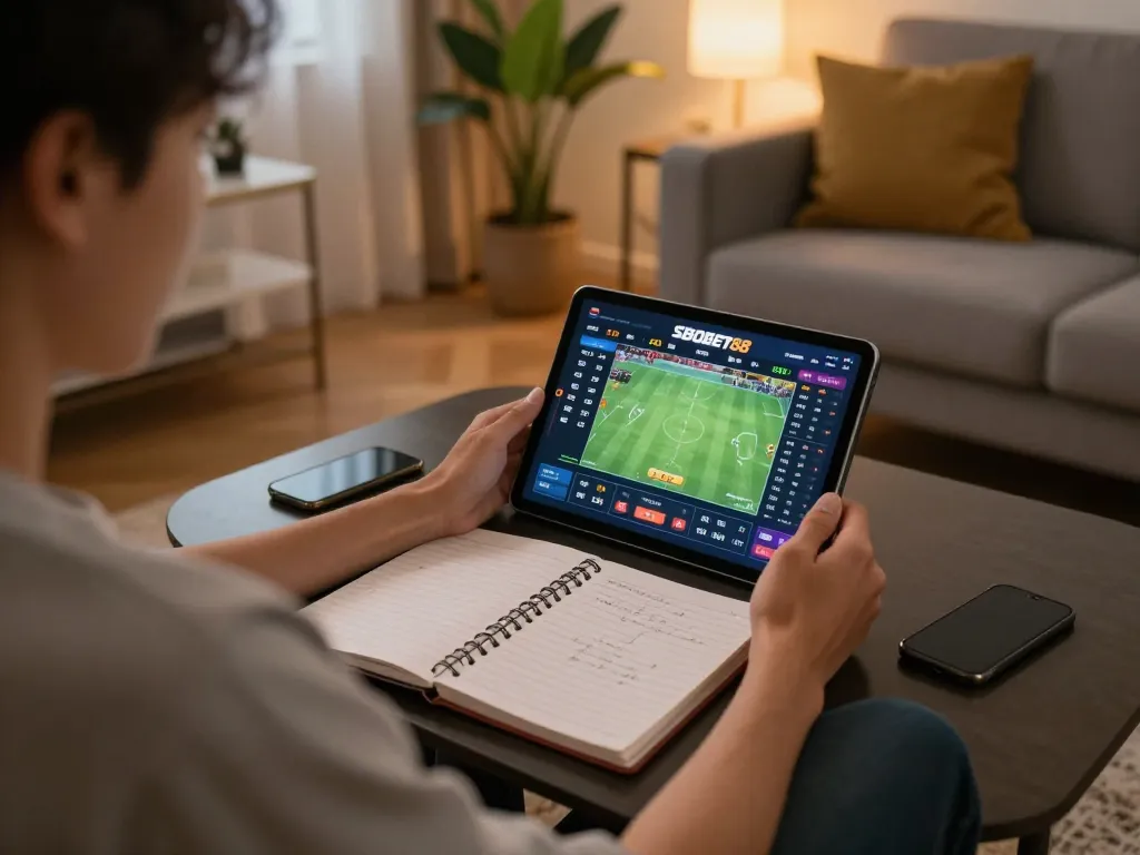 Sesi taruhan online aktif SBOBET88 yang menampilkan antarmuka permainan yang ramah pengguna dan catatan strategi.