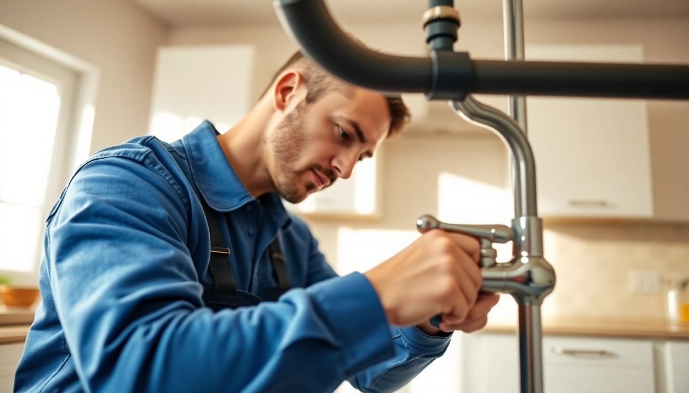 Reliable plumber near me fixing a faucet in a bright kitchen setting.