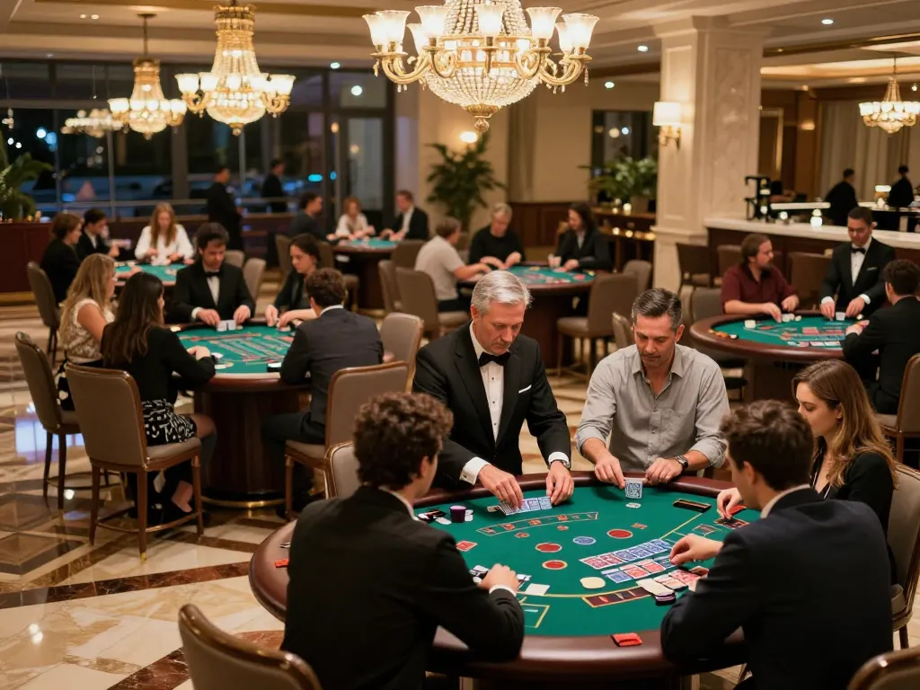 Players engaged in strategic blackjack gameplay at HM88, vibrant casino atmosphere