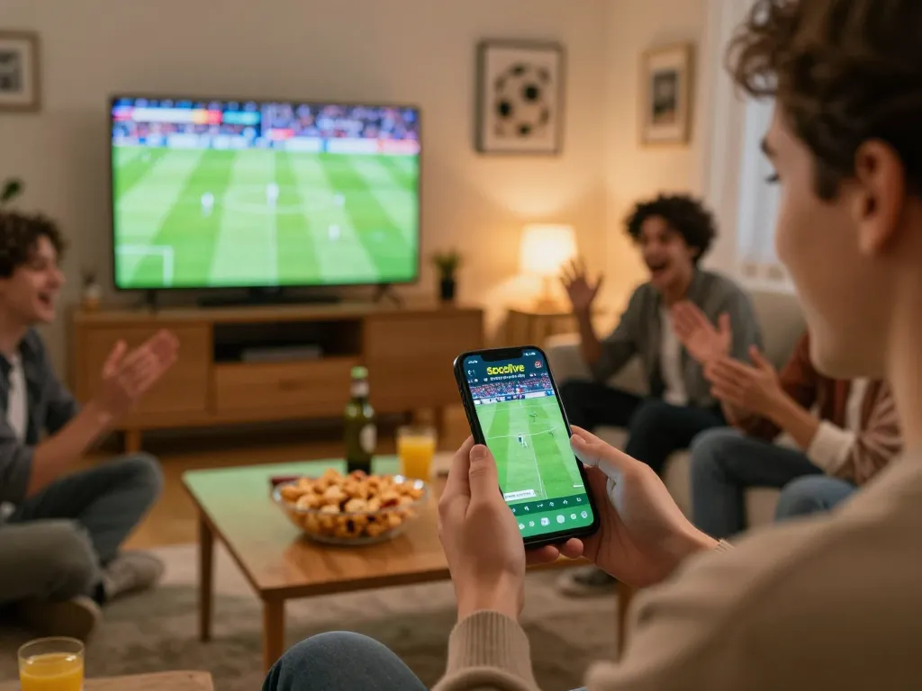 Socolive user actively placing football bets on smartphone during a home game night with friends.