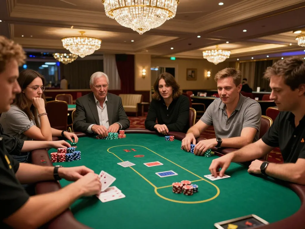 Experience strategic gameplay at the ALO8 poker table in an upscale casino setting.