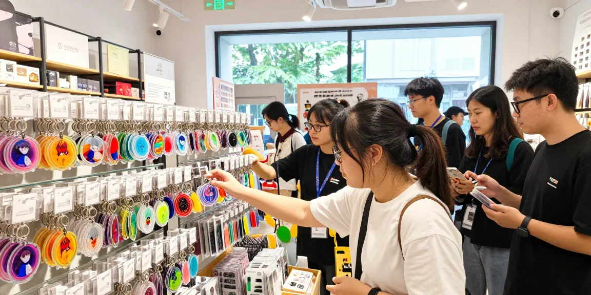 Custom clear acrylic keychains on display in retail shop, showcasing vibrant designs and personalization options.