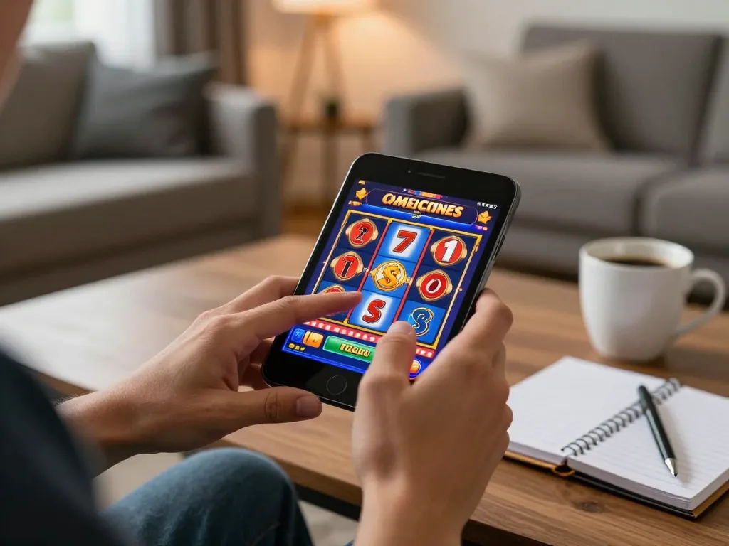 Player enjoying ALO8's online slot games on smartphone in cozy home setting