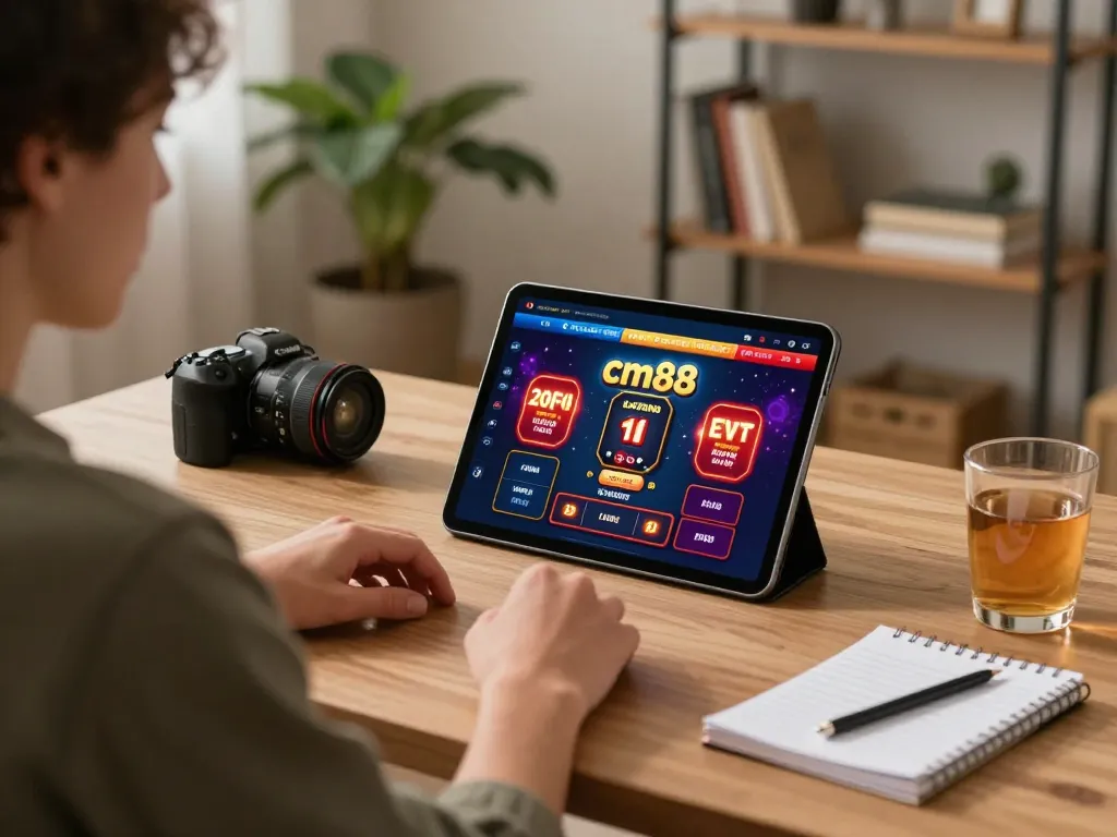 Player engages with the cm88 online casino interface on a tablet in a cozy home setup.