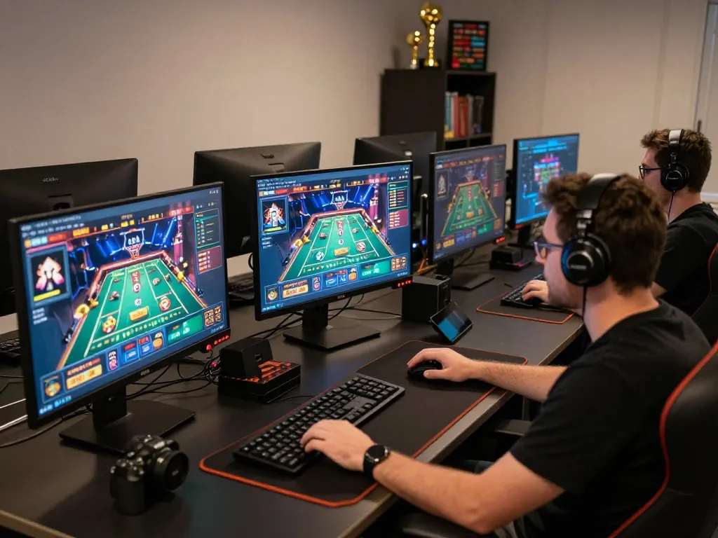 gk88 players engaging in strategic online gaming using multiple screens and modern technology