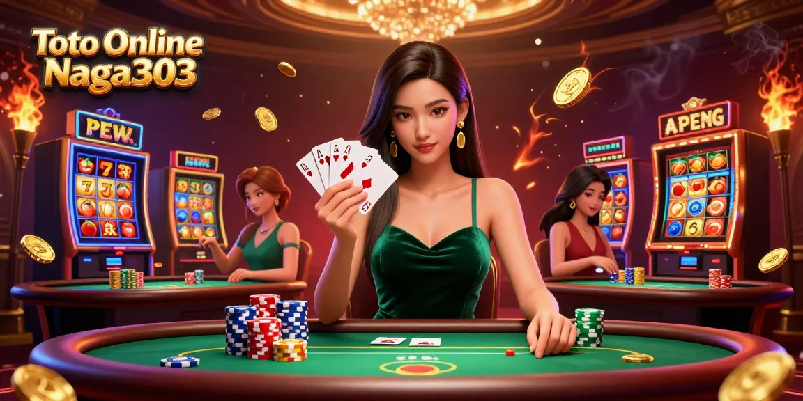 Toto Online Naga303 slots action scene with a beautiful woman at a poker table, golden elements, and dynamic game visuals.