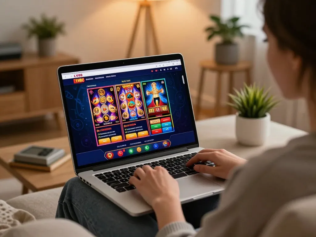 Engaging with LV88 casino through vibrant online games on a cozy laptop setup